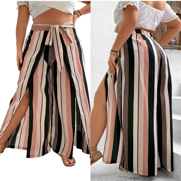 NWOT Plus Size Printed Drawstring Waist Split Side Wide Leg Pants 3X LARGE PLUS - Picture 1 of 17